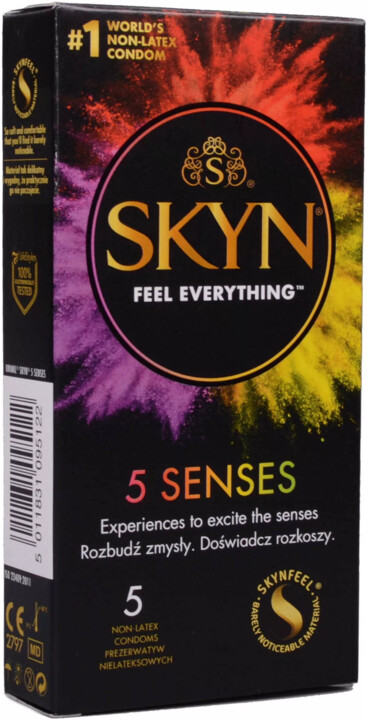 Kondomy Skyn 5 Senses Bezlatex - mix vroubky, tenké, hřejivé, chladivé, s příchutí, 5 ks_2048742105