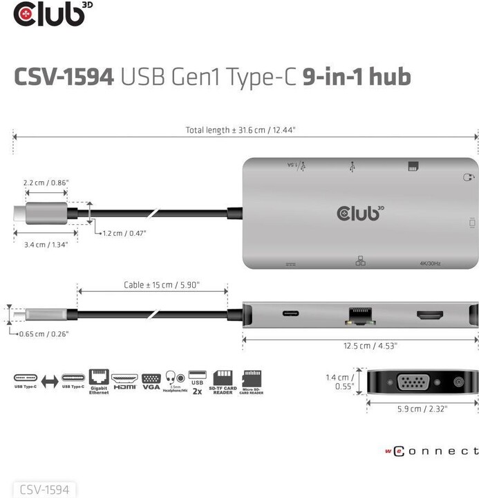 Club3D HUB USB-C 9v1, HDMI, VGA, 2x USB-A Gen1, RJ45, SD, PD 100W_30899178