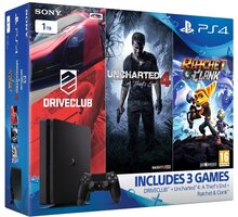 PlayStation 4 Slim, 1TB, černá + Uncharted 4 + DRIVECLUB + Ratchet &amp; Clank_330973578
