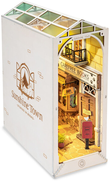 Stavebnice RoboTime miniatura domečku Slunečné městečko, zarážka na knihy, dřevěná, LED_1172145693