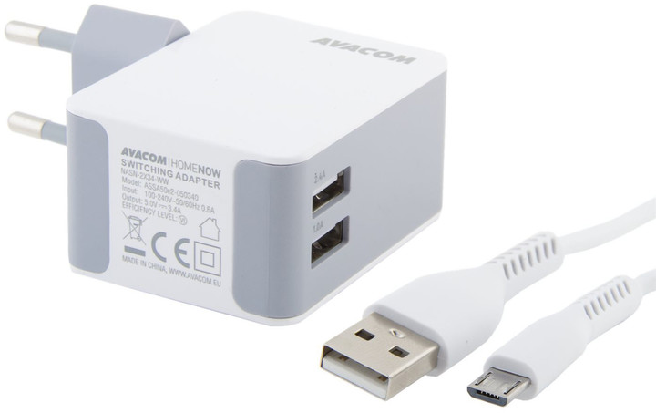 Avacom HomeNOW síťová nabíječka 3,4A se dvěma výstupy (micro USB kabel), bílá_1969838134
