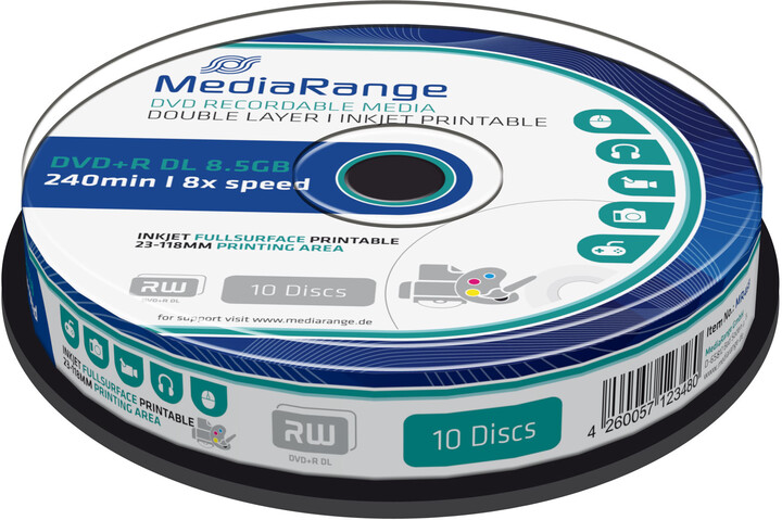 MediaRange DVD+R 8,5GB DL 8x, Printable, 10ks Spindle_48819949