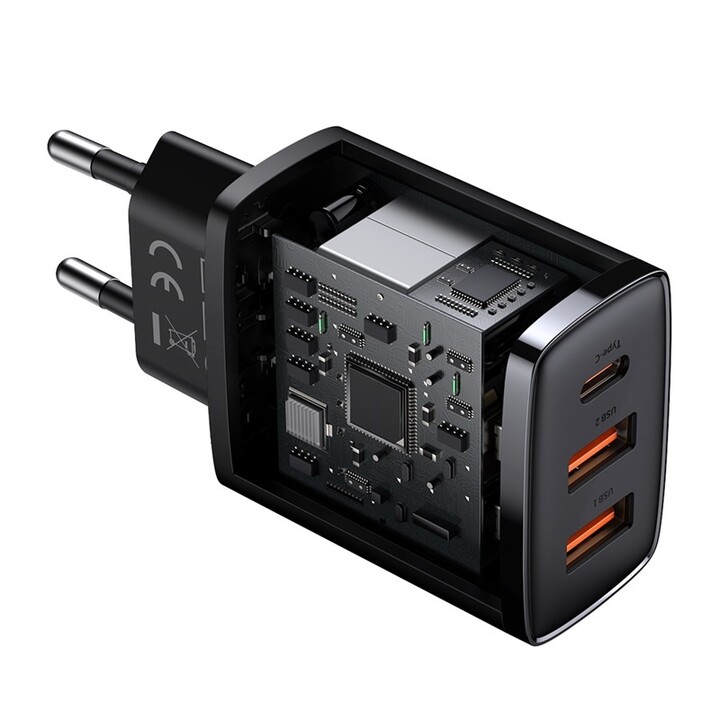 Baseus rychlonabíjecí adaptér, 2x USB-A, 1x USB-C, 30W, černá_1219694334