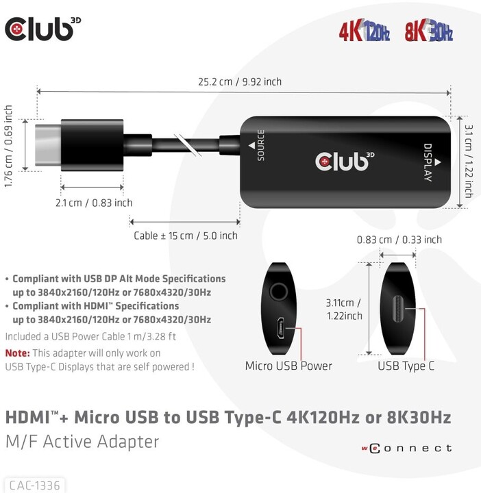 Club3D Adaptér HDMI + Micro USB na USB-C 4K120Hz/8K30Hz, Active Adapter M/F_1749631372