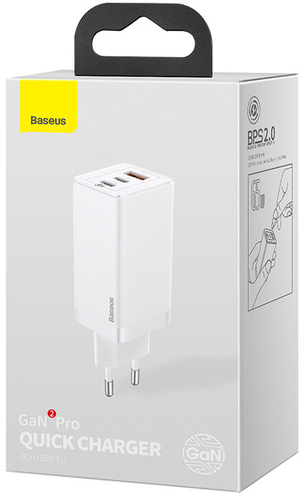 Baseus síťová nabíječka GaN2 Pro, 2xUSB-C, USB-A, QC, Fast Charging, 60W, bílá + USB-C kabel,_292149195