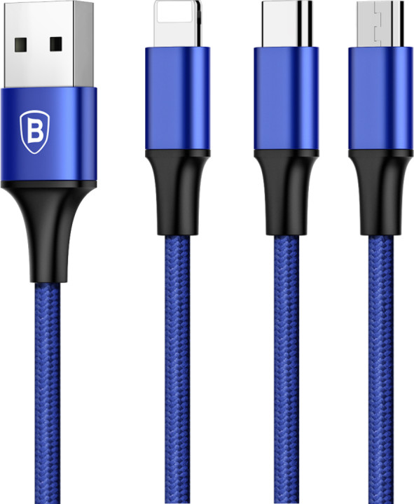 Baseus kabel Rapid Series 3-in-1 Micro + Lightning + Type-C 3A 1.2M, tmavě modrá