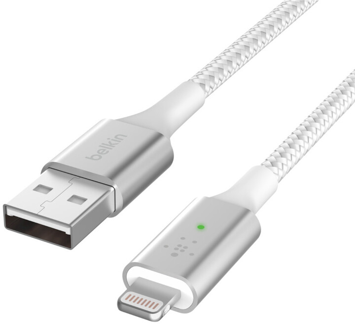 Belkin kabel USB-A - Lightning, M/M, MFi, Smart LED, opletený, 1.2m, bílá_1335777445