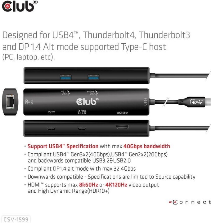 Club3D hub USB-C, 6-in-1 Hub s HDMI 8K60Hz/4K120Hz, 2xUSB-A, RJ45 a 2xUSB-C, 1xData, 1xPD 3.0_56137610