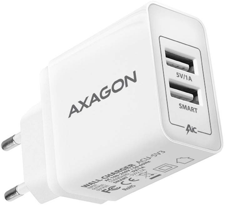 AXAGON ACU-5V3, SMART nabíječka do sítě, 2x port 5V-2.1A + 1A, 15.5W_53812589