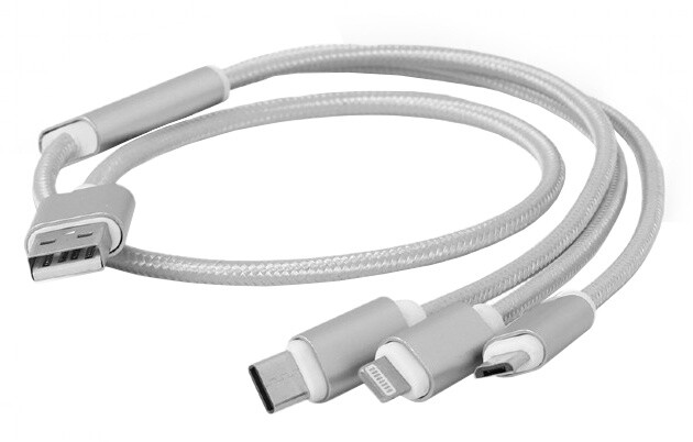 Gembird CABLEXPERT kabel USB A Male/Micro B + Type-C + Lightning, 1m, opletený, stříbrná_2097290558