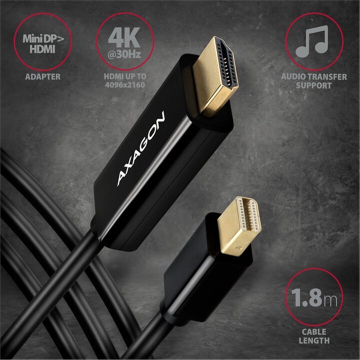 AXAGON kabel mini DisplayPort - HDMI 1.4, 4K@30Hz, 1.8m, černá_1144404765