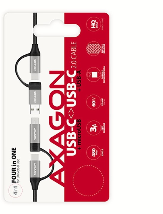 AXAGON 4in1 kabel USB-C/Micro USB - USB-C/USB-A, 1m, 3A, PD 60W_474461685