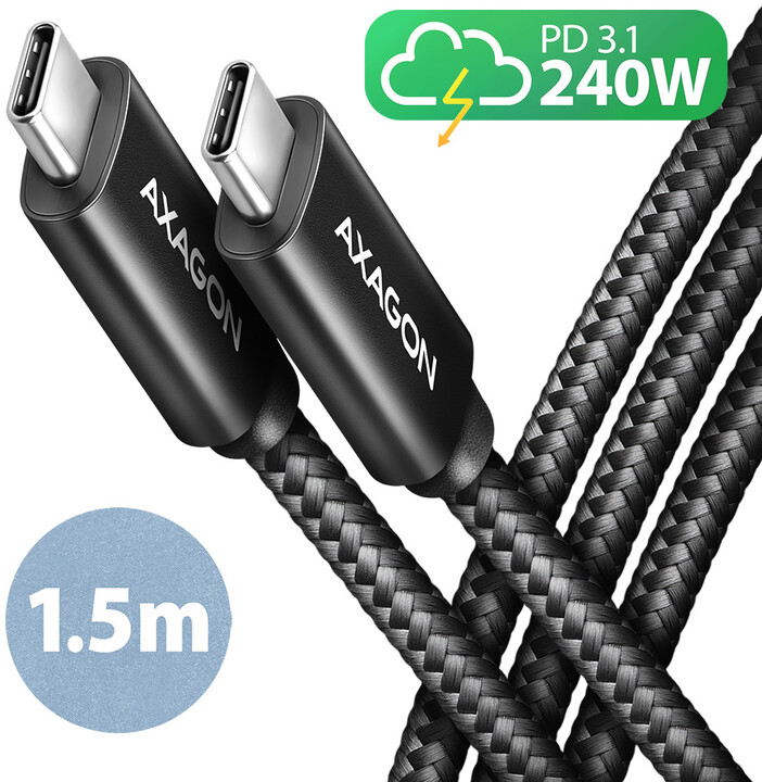 AXAGON kabel USB-C - USB-C, 240W 5A, ALU, opletený, 1,5m, černá_954876812