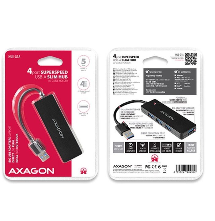 AXAGON HUE-G1A, 4x USB 3.2 Gen 1 SLIM hub, kabel Type-A 14cm napevno_491071982
