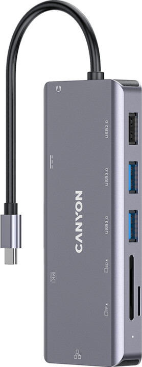 CANYON replikátor portů DS-11 9v1, 1xUSB-C PD 100W, 1xHDMI (4K), 3xUSB-A, RJ45 Gb, 3.5mm jack,_725123278