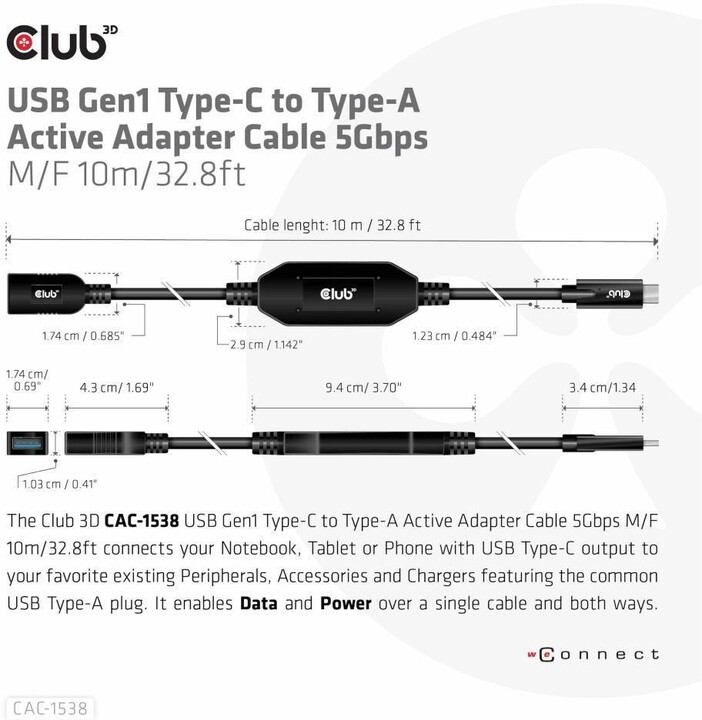 Club3D kabel USB-C - USB-A, 5 Gbps (M/F), 10m_1496242861