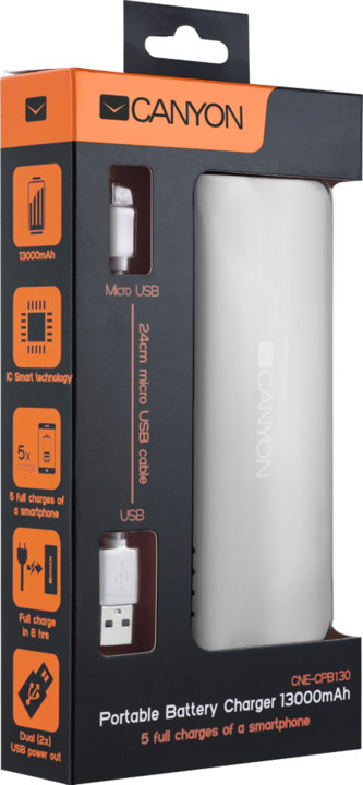 Canyon powerbanka 13000 mAh, micro USB input 5V/2A, USB output 5V/2,4A (max.), bílá_1810121626