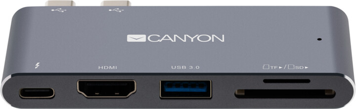 Canyon dokovací stanice, 2x USB-C - USB 3.0, Thunderbolt 3, 4K HDMI, čtečka SD karet, PD, šedá_1443846042