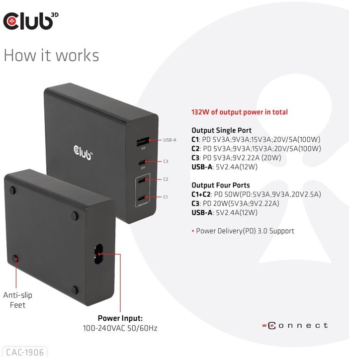 Club3D síťová nabíječka, GAN technologie, 4xUSB-A a USB-C, PD 3.0 Support, 132W , černá_2115065328