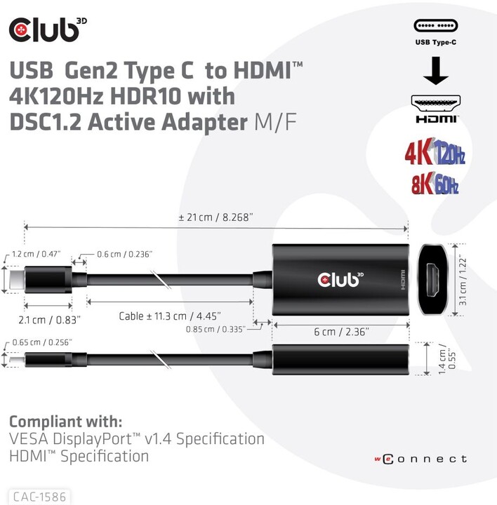 Club3D adaptér aktivní USB-C Gen2 na HDMI 4K120Hz HDR10 s DSC 1.2 (M/F), černá_353761471