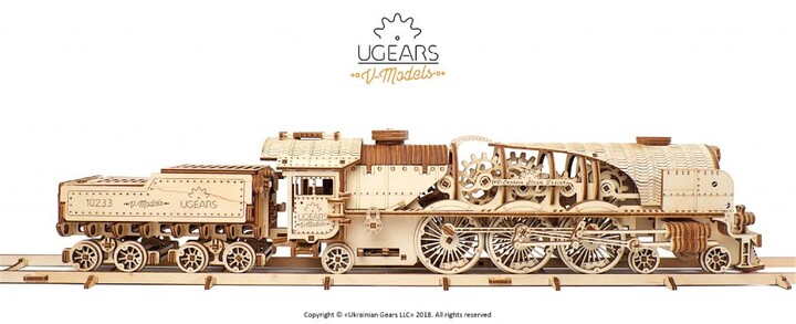 UGEARS stavebnice - Lokomotiva V-express s vagónem, mechanická, dřevěná_653506837