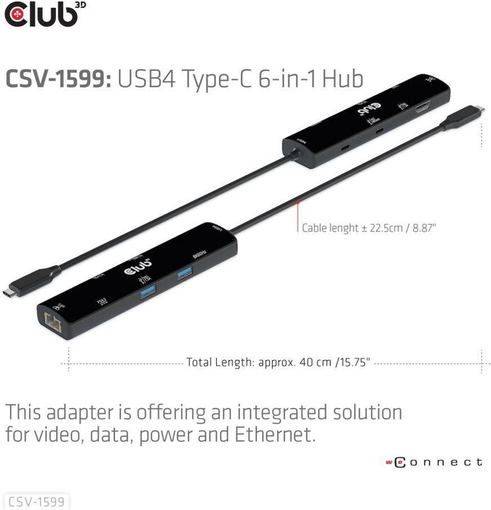 Club3D hub USB-C, 6-in-1 Hub s HDMI 8K60Hz/4K120Hz, 2xUSB-A, RJ45 a 2xUSB-C, 1xData, 1xPD 3.0_1662195568