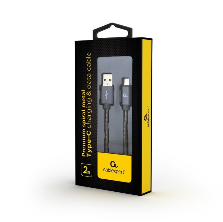 Gembird kabel CABLEXPERT USB-A - USB-C, M/M, PREMIUM QUALITY, metalická spirála, 2m, šedá_84020785