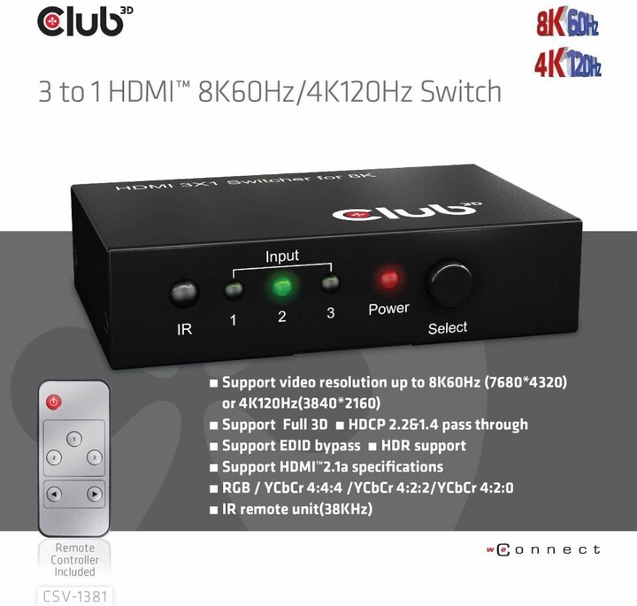 Club-3D HDMI switch 1:3, 8K@60Hz/4K@120Hz_45522391
