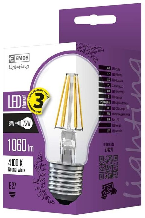 Emos LED žárovka Filament A60 D 8W E27, neutrální bílá_913154591