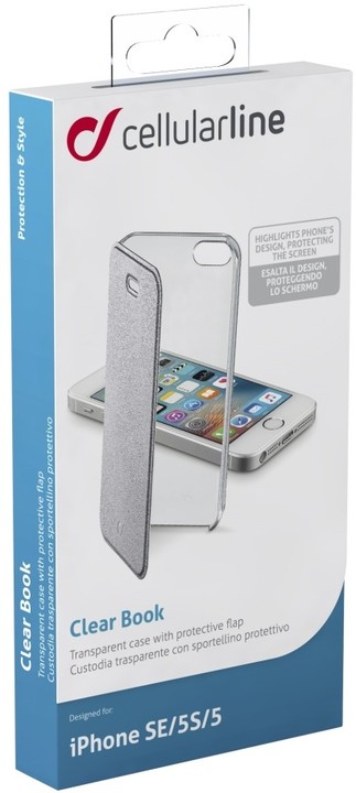 CellularLine Clear Book pouzdro typu kniha pro Apple iPhone 5/5S/SE, průhledné, stříbrné_1075779422