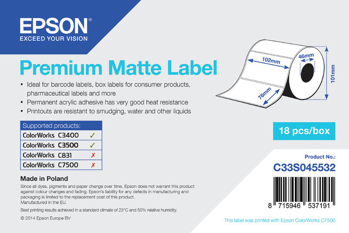 Epson ColorWorks role pro pokladní tiskárny, Premium Matte Label, 102x76mm, 440ks_1533270424