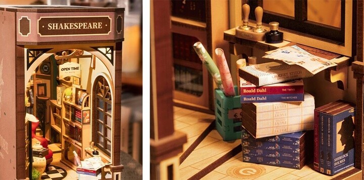 Stavebnice RoboTime miniatura domečku Knihkupectví, zarážka na knihy, dřevěná, LED_1550809231