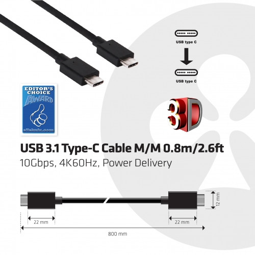 Club3D USB 3.1 TYPE C na USB 3.1 TYPE C, Power delivery, 0.8m_866324589