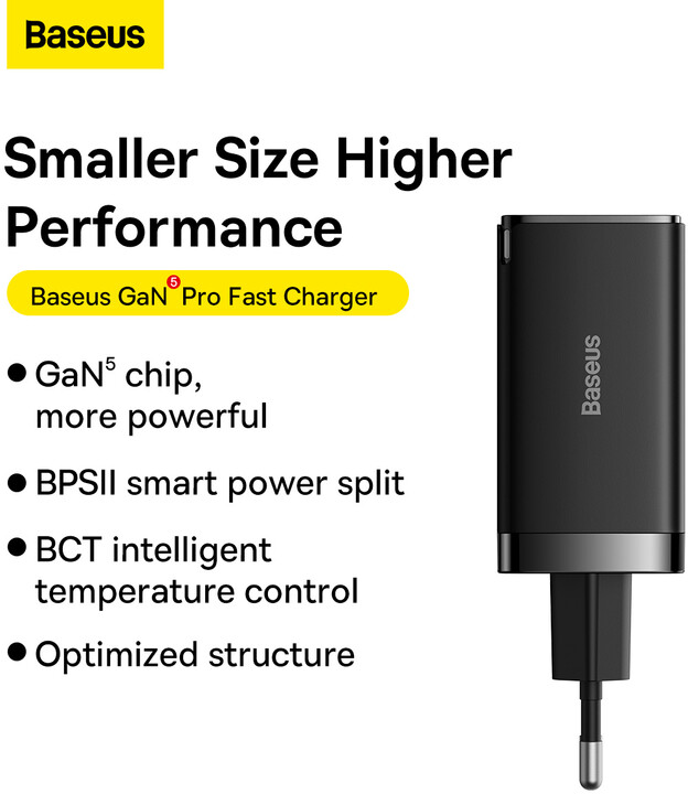 Baseus rychlonabíjecí adaptér GaN5 Pro, 2x USB-C, USB-A, 65W, černá_1313588287