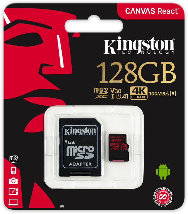 Kingston Micro SDXC Canvas React 128GB 100MB/s UHS-I U3 + SD adaptér_733947404