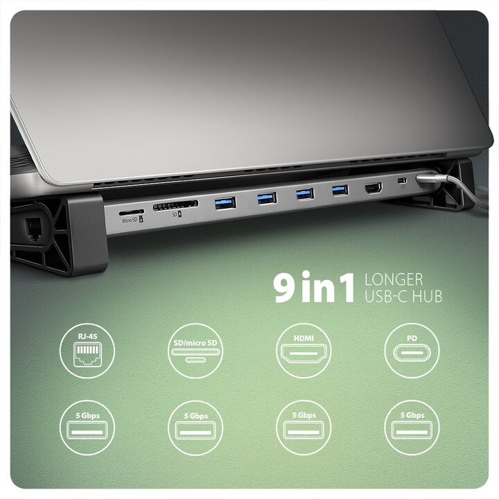 AXAGON multifunkční HUB 9v1, 4x USB-A, USB-C, HDMI 4K@60Hz, RJ45, microSD/SD, PD 100W_1693587629