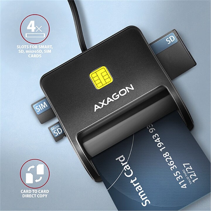 AXAGON CRE-SM3SD, USB-A FlatReader 4-slot čtečka Smart card (eObčanka) + SD/microSD/SIM, kabel 1.3 m_2115037759