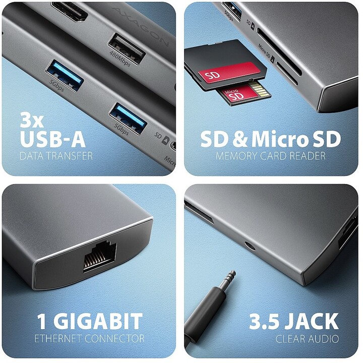 AXAGON multifunkční HUB 9v1 USB 5Gbps hub, 3x USB-A, USB-C, HDMI 4K/60Hz, RJ45, microSD/SD, PD 100W,_37800228