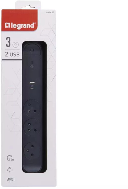 Legrand přepěťová ochrana, 3 zásuvky, USB-A, USB-C, 1.5m, černá_1937647894