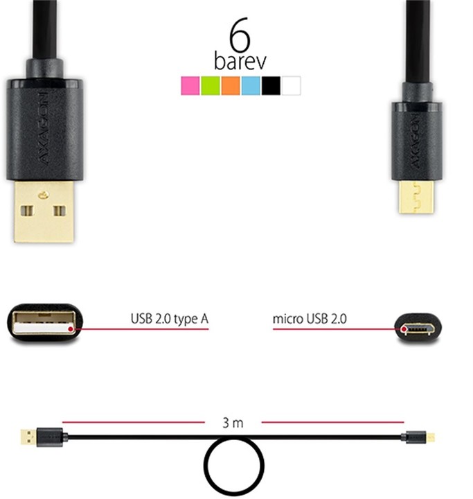 AXAGON BUMM-AM30QB, HQ Kabel Micro USB - USB A, datový a nabíjecí 2A, černý, 3 m_1965900687