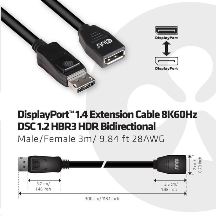 Club3D Kabel prodlužovací DisplayPort 1.4 8K 60Hz DSC 1.2 HBR3 HDR Bidirectional (M/F), 3m