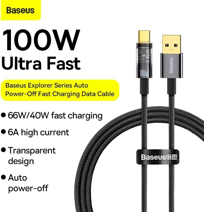 Baseus datový kabel Explorer Series s inteligentním vypnutím USB-A - USB-C, 100W, 1m, černá_1085130436