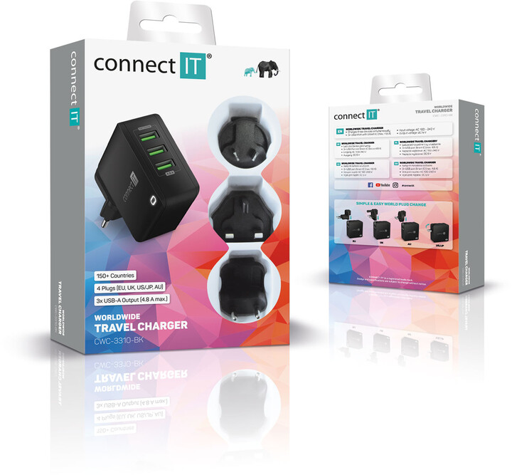 CONNECT IT nabíjecí adaptér Nomad2 WorldTravel, cestovní, 3xUSB, 24W, černá