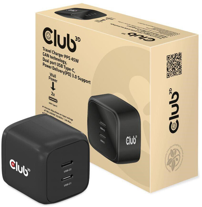 Club3D síťová nabíječka, GAN technologie, 2xUSB-C, PD 3.0, 45W, černá_519873653