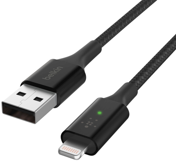 Belkin kabel USB-A - Lightning, M/M, MFi, Smart LED, opletený, 1.2m, černá_2014892419