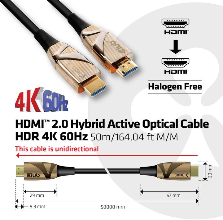 Club3D kabel hybridní optický HDMI 2.0, Ultra High Speed,(M/M), 50m_1032979347