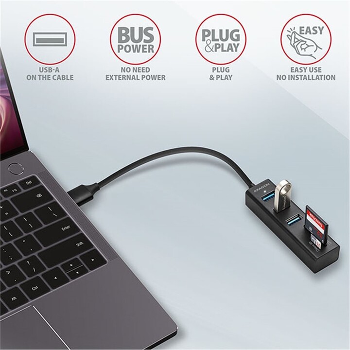 AXAGON HMA-CR3A, USB 3.2 Gen 1 hub, porty 3x USB-A + čtečka karet SD/microSD, kovový, kabel USB-A 20_1355130948