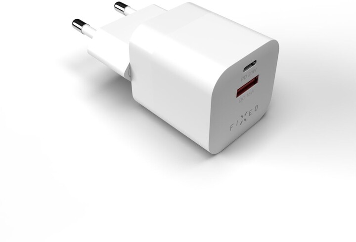 FIXED síťová nabíječka Mini s USB-C + USB-A, PD &amp; QC 3.0, 20W, bílá_1877250624