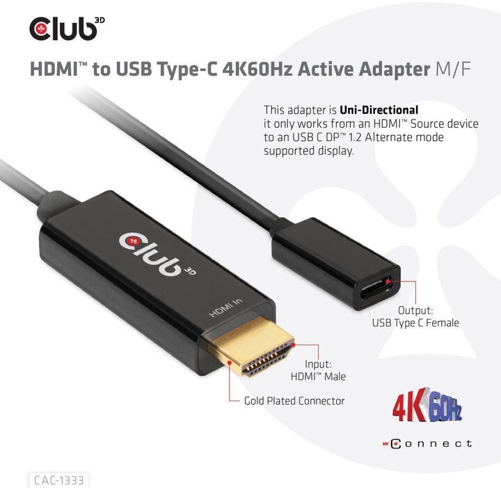 Club3D aktivní adaptér HDMI na USB-C, 4K@60Hz, M/F_1187297723