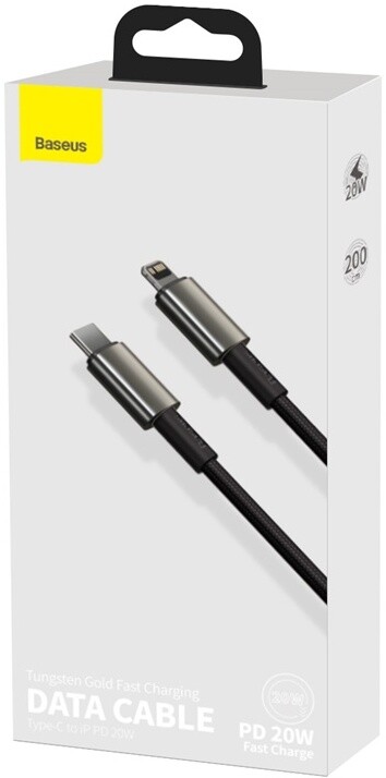 BASEUS kabel Tungsten Gold, USB-C - Lightning, M/M, rychlonabíjecí, datový, 20W, 2m, černá_1606014887